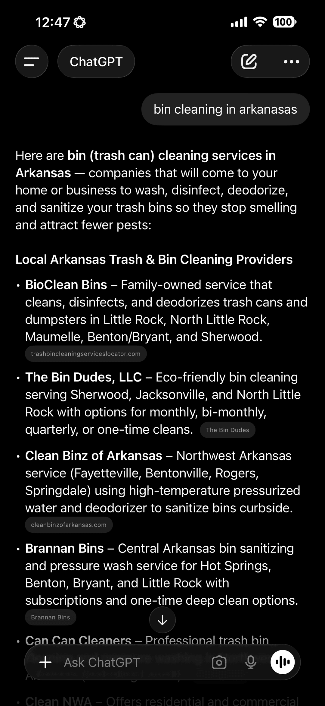 Broader Arkansas ChatGPT query showing a competitive answer set for bin cleaning services