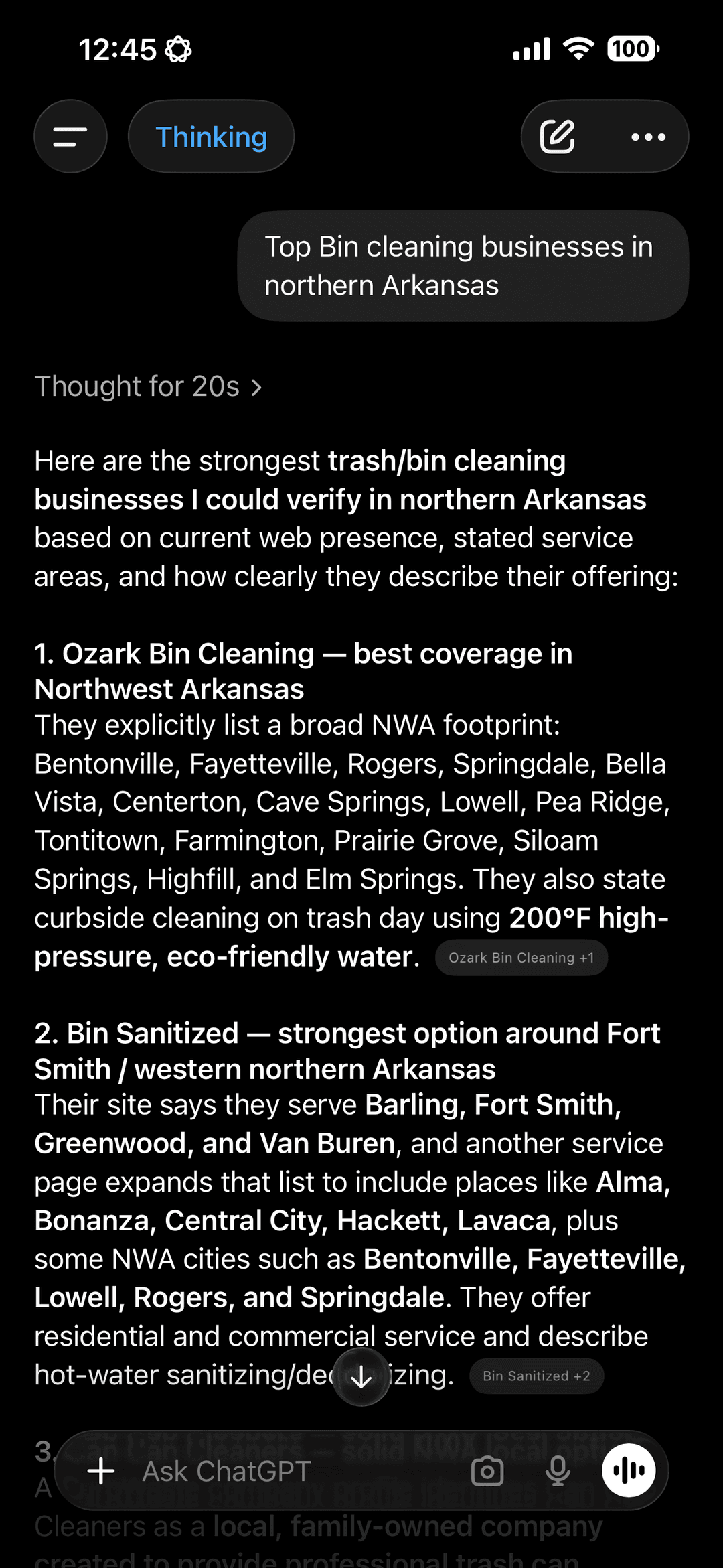 Ozark Bin Cleaning ranked first in ChatGPT for top bin cleaning businesses in northern Arkansas